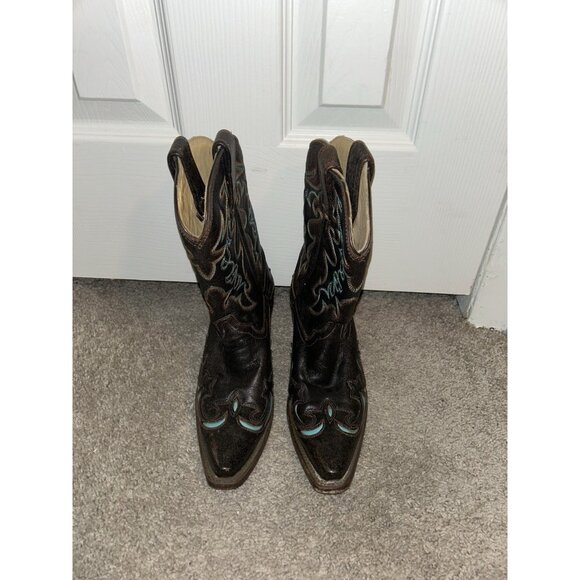 Corral Brown and Turquoise Embroidered Western Inlay Snip Toe Boots Size 6 M - Picture 4 of 10